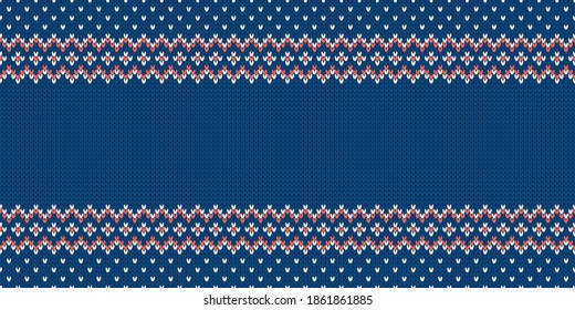 Knitwear texture. Template with empty place for text. Traditional seasonal wide background for holiday design. Winter knitted wool seamless sweater pattern. Christmas vector illustration.