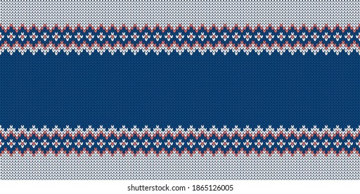 Textura de la ropa de punto. Plantilla con lugar vacío para texto. Tradicional fondo estacional para el diseño de las vacaciones. Patrón de suéter de lana sin soldadura de punto de invierno. Ilustración vectorial de Navidad.