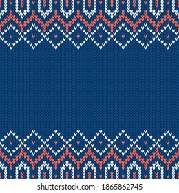 Textura de la ropa de punto. Plantilla con lugar vacío para texto. Tradicional fondo de temporada sin fisuras para el diseño de las vacaciones. Patrón de suéter de lana de punto de invierno. Ilustración vectorial de Navidad.