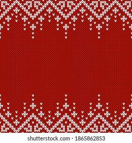 Textura de la ropa de punto. Plantilla con lugar vacío para texto. Tradicional fondo de temporada sin fisuras para el diseño de las vacaciones. Patrón de suéter de lana de punto de invierno con copos de nieve. Ilustración vectorial de Navidad.