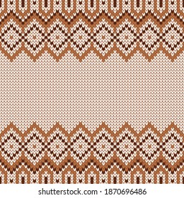 Knitwear texture. Template with empty place for text. Traditional seasonal seamless background for holiday design. Winter knitted wool sweater pattern. Christmas vector illustration.