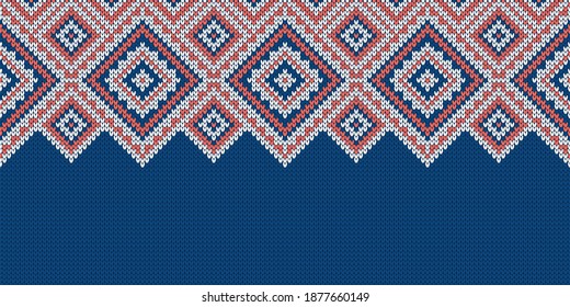 Textura de la ropa de punto. Plantilla con lugar vacío para texto. Tradicional fondo estacional para el diseño de las vacaciones. Patrón de suéter de lana sin soldadura de punto de invierno. Ilustración vectorial de Navidad.