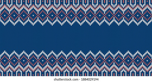 Knitwear texture. Template with empty place for text. Traditional seasonal wide background for holiday design. Winter knitted wool seamless sweater pattern. Christmas vector illustration.