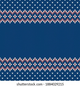 Knitwear texture. Template with empty place for text. Traditional seasonal seamless background for holiday design. Winter knitted wool sweater pattern. Christmas vector illustration.