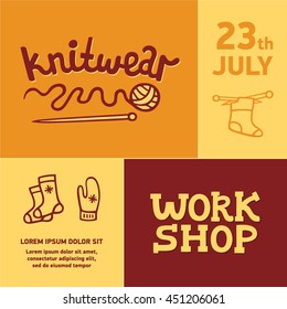 Knitwear workshop. Poster template for a knitting skills development workshop in vector. Vintage label for handmade session