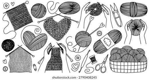 Knitwork sketch set. Hand drawn knitting needles, yarn, stitch, hands knitting vector set. Knitting Crochet set.