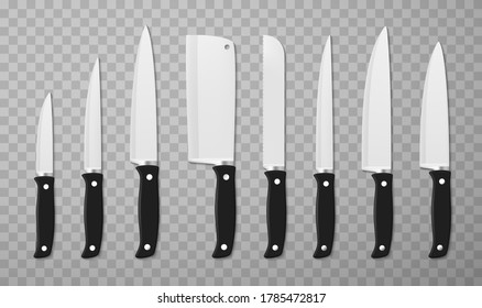 Knives assortment, variety realistic set. Bread, boning, butcher, carving, chef, cleaver, table tools. Kitchen utensil with cutting edge or blade and handle. Vector knives isolated on transparent.
