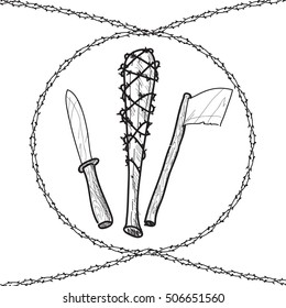 Knives axes baseball wire barb bats sketch vector illustration