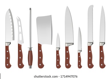 Cuchillos. Carnicero profesional cuchillos de mango afilado utensilios de cocina accesorios de restaurante para cocinar vectorial encubrir imágenes aisladas