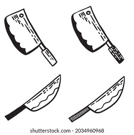Knives cartoon vector doodle sketch set hand drawn illustration. Cooking sharp equipment in the kitchen. Butchery utensil drawing.