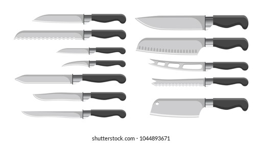 Knives collection kitchenware, set of knives with handles of black color, objects with sharp blades, vector illustration isolated on white background
