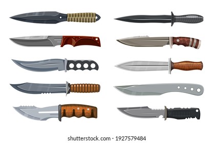 Knives or combat weapon blades, military and hunting daggers, vector different model types. Dirk blades, pocketknife, foldable jackknife or penknife, camper, trapper sword and hunter knife blades