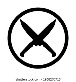 Knives crossed outline vector icon. Chef equipment. Restaurant label. Cooking cutlery. Blades. Sharp utensil. Food cut concept. Flat simple line design illustration.