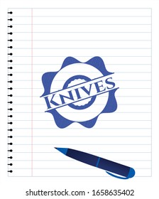 Knives drawn with pen. Blue ink. Vector Illustration. Detailed.