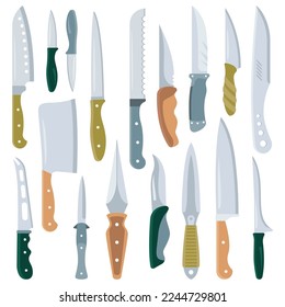 Cuchilla el conjunto de iconos planos. Utensil de cocina para cortar comida. Cajero principal. Hoja de acero con mango de plástico o madera. Equipamiento para cocinar. Ilustraciones aisladas de color