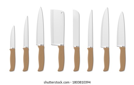 Knives kitchen stainless steel with wooden handles realistic mockups set. Kitchenware, sharp tools with blade for chopping, cutting food during cooking. Vector collection isolated on white background.