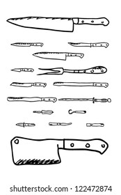 knives and kitchen tools with blades vector