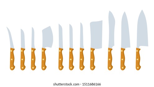 Knives on a white background. Set of flat icons of cook knives of various sizes and shapes. Vector illustration