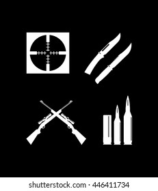 Knives, rifles, bullets and trap black icons, silhouette and vector logos. Flat isolated element. Nature sign and symbol black background