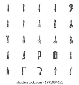 Knives and scissors vector icons set, modern solid symbol collection, filled style pictogram pack. Signs, logo illustration. Set includes icons as kitchen knife, pizza cutter, shears, tailor scissor