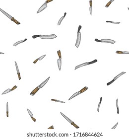 knives seamless pattern background sketch engraving vector illustration. T-shirt apparel print design. Scratch board imitation. Black and white hand drawn image.