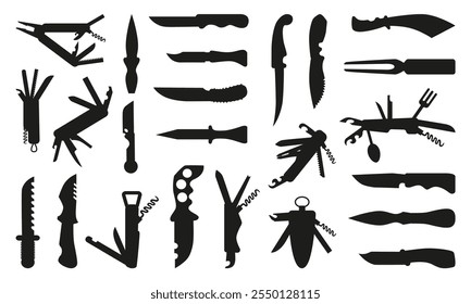 Knives silhouettes. Survival knife, multi tool black icons for hiking hunting travelling. Different equipment for self defense and camping, neoteric vector set