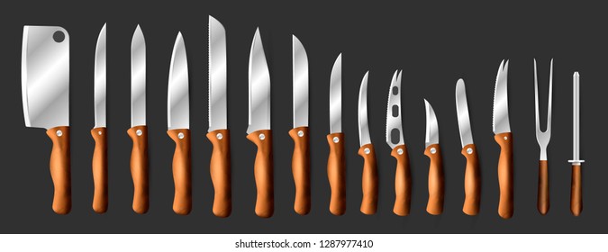 Knives vector butcher meat knife set chef cutting with kitchen drawknife or cleaver and sharp knifepoint illustration isolated on black background.