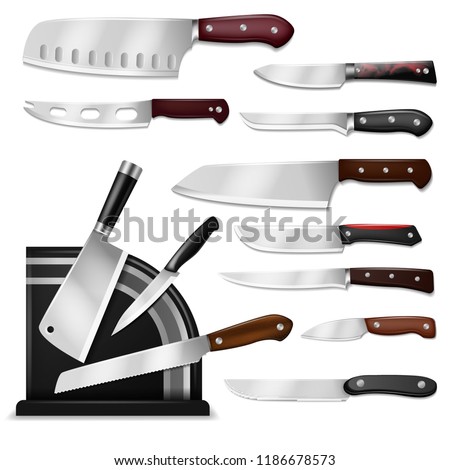 Knives vector butcher meat knife set chef cutting with kitchen drawknife or cleaver and sharp knifepoint illustration isolated on white background