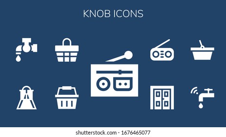 knob icon set. 9 filled knob icons. Included Radio, Shopping basket, Basket, Slider, Tap, Faucet, Double door icons