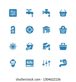 knob icon set. Collection of 16 filled knob icons included Lever, Levels, Handle, Shopping basket, Faucet, Control, Slider, Controls, Door hanger, Water tap