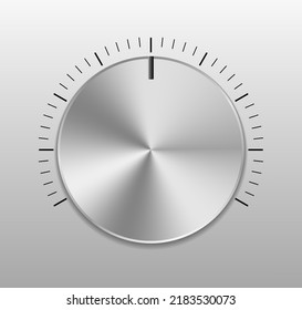 Knob of volume. Metal button of music. Dial for sound. Chrome steel texture for ui. Control of level of audio. Realistic round silver panel for rotate from min to max. Premium switcher. Vector.