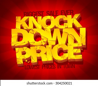 Knock down price banner, lowest prices, biggest sale, typographic design with golden letters