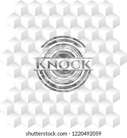 Knock grey badge with geometric cube white background