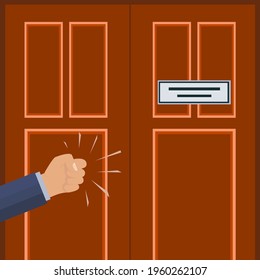 Knock. Office Door With A Sign.The Man's Hand Is Knocking On The Door. Please Allow Me To Enter The Room.  A Persistent Businessman, Client, Manager, Guest Or Salesperson. Fragment. Vector