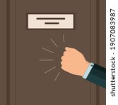 A knock on the door. A businessman's hand or fist is knocking. Please allow me to enter the room. Vector. Flat style.