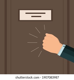 A Knock On The Door. A Businessman's Hand Or Fist Is Knocking. Please Allow Me To Enter The Room. Vector. Flat Style.