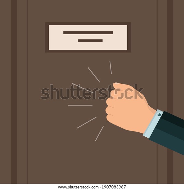 A knock\
on the door. A businessman\'s hand or fist is knocking. Please allow\
me to enter the room. Vector. Flat\
style.