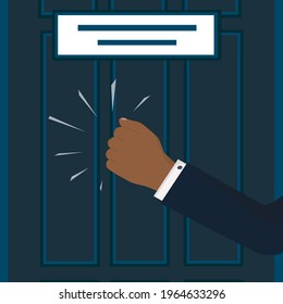 A knock on the door. The hand of a black skin African or American man is knocking on the door. Please allow me to enter the office. The businessman's insistent knock. Noise concept.Vector illustration