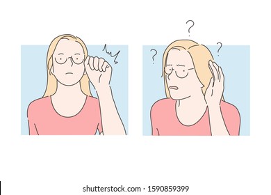 Knock on door and listening, rat-tat and eavesdropping concept. Displeasure, interest, concern, mixed emotions, young woman putting her ear to door, displeased neighbour. Simple flat vector