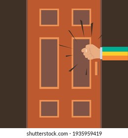 A knock on the door. A man's hand or fist is knocking. Please allow me to enter the room. Vector illustration. Flat style.