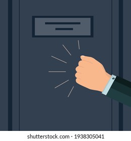 A Knock On The Door. The Man's Hand Is Knocking On The Door. Please Allow Me To Enter The Room. The Businessman's Insistent Knock. Vector Illustration. Flat Style.