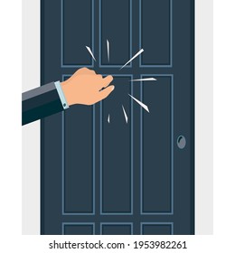 A Knock On The Door. The Man's Hand Is Knocking On The Door. Please Allow Me To Enter The Room. Office Space. An Assertive, Persistent Businessman, Client, Manager, Guest Or Salesperson.  Vector