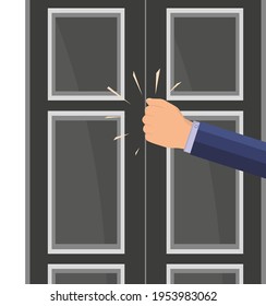 A Knock On The Door. The Man's Hand Is Knocking On The Door. Please Allow Me To Enter The Room. Office Space. An Assertive, 
Persistent Businessman, Client, Manager, Guest Or Salesperson.  Vector