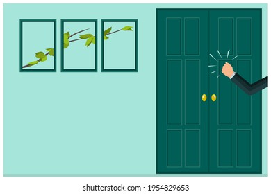 A Knock On The Door. The Man's Hand Is Knocking On The Door. Please Allow Me To Enter The Room. Office Space. An Assertive, Persistent Businessman, Client, Manager, Guest Or Salesperson. Vector