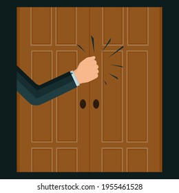 A knock on the door. The man's hand is knocking on the door. Please allow me to enter the room. Office space. An assertive, persistent businessman, client, manager, guest or salesperson. Vector