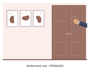 A knock on the door. The man's hand is knocking on the door. Please allow me to enter the room. Office space. An assertive, persistent businessman, client, manager, guest or salesperson. Vector