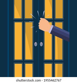 A knock on the door. The man's hand is knocking on the door. Please allow me to enter the room. A persistent businessman. The light is on. Vector
