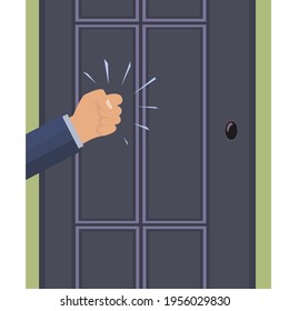 A knock on the door. The man's hand is knocking on the door. Please allow me to enter the room. Office space. An assertive, persistent businessman, client, manager, guest or salesperson. Vector