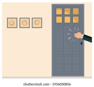 A Knock On The Door. The Man's Hand Is Knocking On The Door. Please Allow Me To Enter The Room. Office Space. Persistent Businessman, Client, Manager, Guest Or Salesperson. The Light Is On. Vector
