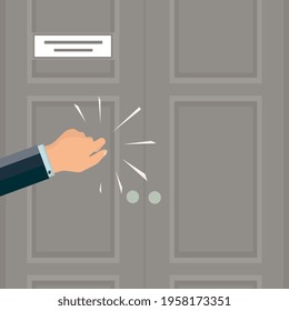 A knock on the door. The man's hand is knocking on the door. Please allow me to enter the room. Office space. An assertive, persistent businessman, client, manager, guest or salesperson. 
Fragment.